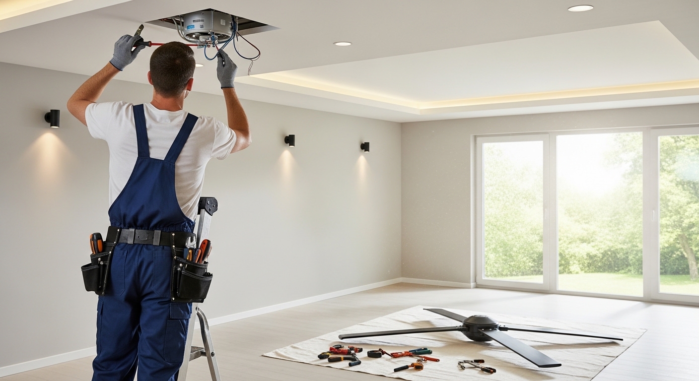 Professional handyman mounting a TV on a living room wall