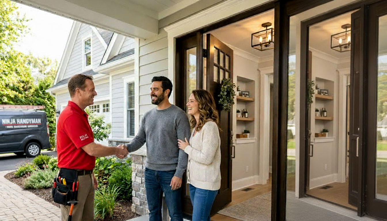 Happy customer shaking hands with professional handyman