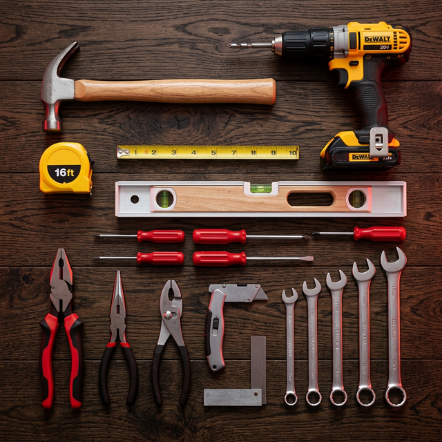 Professional handyman tools neatly arranged